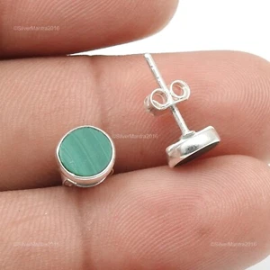 Round Natural Malachite 925 Sterling Silver Anniversary Bezel Stud Earrings - Picture 1 of 9