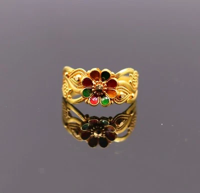 INDIAN FILIGREE WORK 22K CT GOLD ENAMEL RING FLOWER DESIGN BAND UNISEX GIFTING - Image 1 of 4