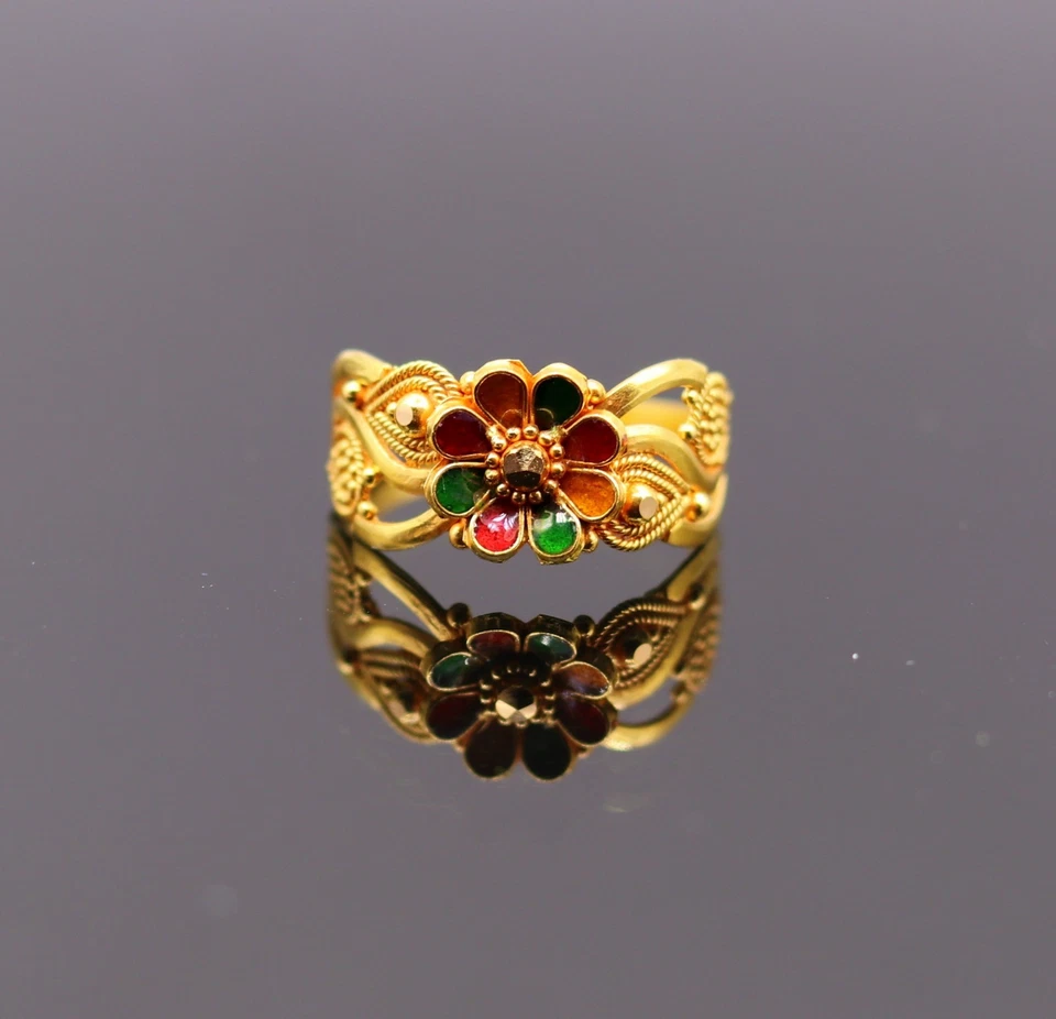 INDIAN FILIGREE WORK 22K CT GOLD ENAMEL RING FLOWER DESIGN BAND UNISEX GIFTING - Image 1 of 4