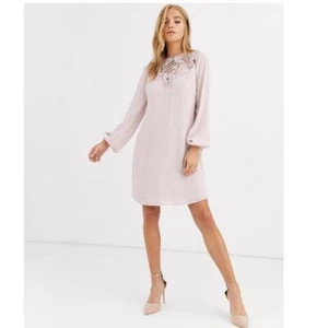 NWT Lipsy Long Sleeve Embroidered Shift Dress Pearl Pink Sz 4 - Picture 1 of 9
