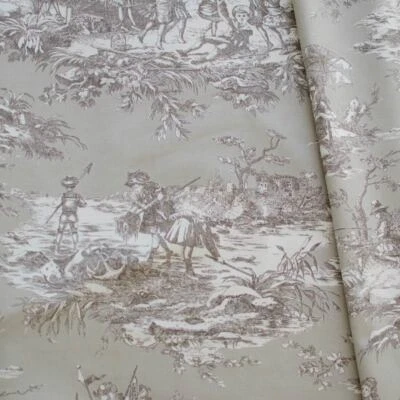 Toile de Jouy coton Histoire d'Eau sépia fond Lin - Thévenon [au demi-mètre]