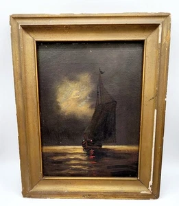 Antique Vintage Nocturnal Maritime Moonlight Sailboat Oil Canvas Painting 9x12" - Picture 1 of 4