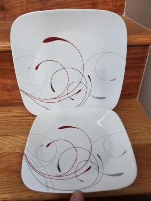 CORNING USA Made SPLENDOR Red Gray Swirl Square 1 Lunch Plate + 1 Dinner Plate - Image 1 of 4