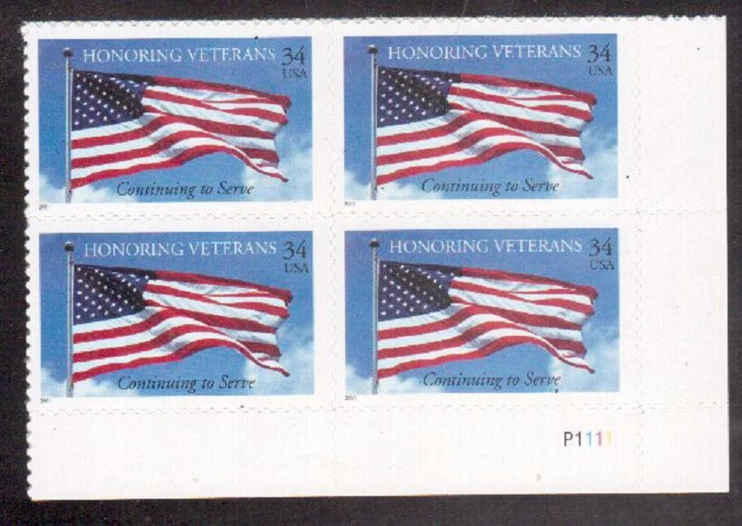 Scott # 3508...34 Cent...Honoring Veterans.. Plate Block...MNH - Image 1 of 1