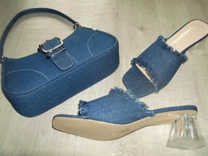 NUOVI sandali donna denim tacco/mules e borsa - taglia UK 6 - blu - Foto 1 di 4
