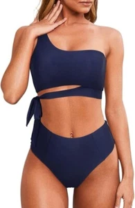 Mooslover Women One Shoulder High Waisted Bikini Tie High Cut Swimsuit Dark Blue - Picture 1 of 5