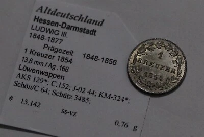 🧭 🇩🇪 GERMANY HESSE-DARMSTADT 1 KREUZER 1854 SILVER HIGH GRADE B79 #5945 - Image 1 of 2