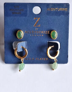 ACCESSORIZE Z, 14ct PLATED,  AVENTURINE STUD & BOBBLE HOOP DROP EARRINGS