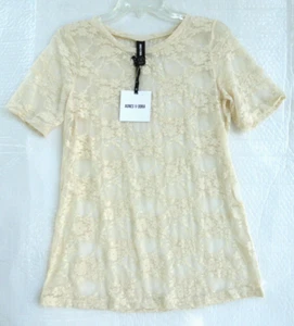 Dora & Agnes Lace Floral Sheer Top Light Ivory Short Sleeve Women's Size Large - Picture 1 of 8
