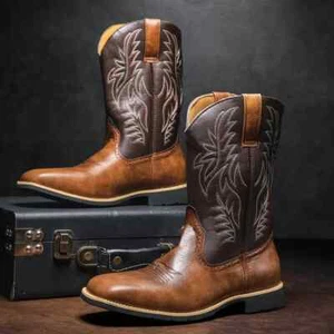Mens Retro Western Cowboy Boots Embroidered Square Toe Mid Calf Boots sz 11.5 - Picture 1 of 4