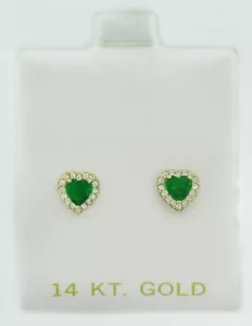 LAB CREATED EMERALD & WHITE SAPPHIRES STUD EARRINGS 14K GOLD - NEW WITH TAG - Picture 1 of 2