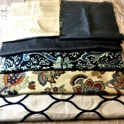 6 Remnants  Designers White/Blue Fabrics for Pillow Covers Small Projects No 5 - Image 1 of 4