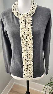 NWT Milly Of New York M Faux Pearls Beaded Merino Wool Crewneck Hooks Gray - Picture 1 of 14