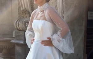 Wedding Pearl Crystal Beaded High Neck Sheer Bolero, Long Sheer Sleeves - Picture 1 of 9