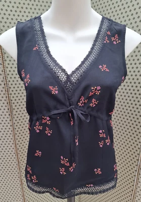 Y2K Oasis Black Floral Print&Lace Sleeveless Top Size 10-12 Cottagecore Prairie  - Image 1 of 4