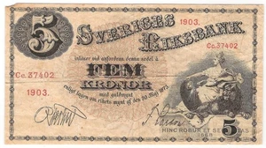 SWEDEN  5 Kronor  1903  P:19e  VF  Sveriges Riksbank  "RARE" - Picture 1 of 2