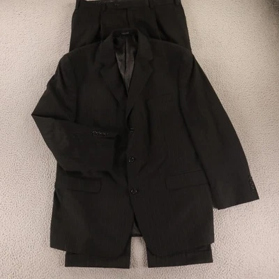 Van Heusen Suit L 44R Black Pinstripe Polyester Twill Pleated Cuffed 36x32 - Image 1 of 4