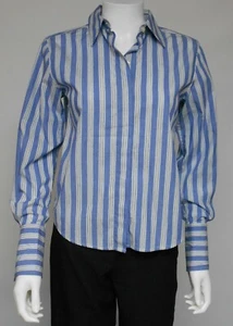 TALBOTS PETITES BLUE & WHITE STRIPED LONG SLEEVE WOMEN'S BLOUSE SIZE #2  - A4/16 - Foto 1 di 4