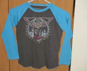 T-shirt Rowdy Sprout taglia 6 Aerosmith blu manica ragland misto rayon rock band USA - Foto 1 di 3