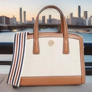 TORY BURCH Web strap Satchel Bag Cross Body Natural/tan /khaki Striped Mini - Picture 1 of 17