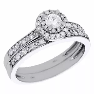 14K White Gold Solitaire Diamond Round Halo Engagement Ring Bridal Set 0.50 Ct. - Picture 1 of 5