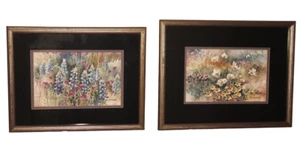 2 Framed & Matted Jane Mauldin "Spring Field Flowers" Prints Blue Yellow Green - Picture 1 of 14