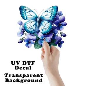 Blue Butterfly on Purple Flowers UV DTF Transparent Sticker / Decal - Picture 1 of 7