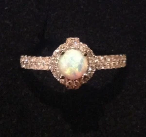 Sterling silver Fire Opal sparkling Solitaire Promise Engagement Halo Ring  P 8 - Picture 1 of 4