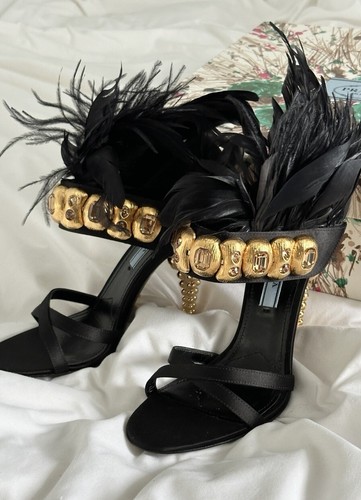 Sandalo Prada Gioiello Sera Piuma Nero Oro Satinato Indossato Una volta Vendita al Vendita al Vendita $1390