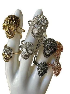 NWT Crystal Studded Double Skull Adjustable Rings ~ Gold Silver Black Rose Gold - Image 1 of 4