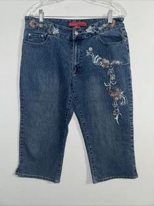 Vintage 90er Cosmopolitan Damen Blumen bestickt Denim Capri Mid Rise 10P geteilter Saum - Bild 1 von 10