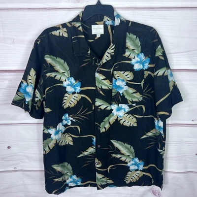 Trader Bay Shirt Mens XL Black Hibiscus Floral Print Button Up Washable Silk - Image 1 of 4