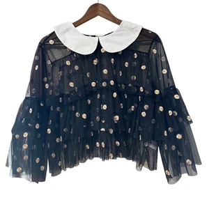 Smak Parlour Black Daisy Mesh Top weiß Peter Pan Kragen Lagenlook Rüschen XL - Bild 1 von 7