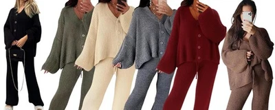 Ladies Rib Knitted Button Cardigan Palazzo Trousers Suit Womens Lounge Wear Set - Image 1 of 3