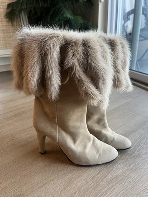 Fabulous Andrew Geller  Genuine Mink Fur Suede Tan Boots Size 8 High Heel 3 3/4" - Image 1 of 4
