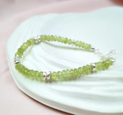 Green Peridot 3-4MM Gemstone Beads August Birthstone Dainty Unisex Bracelet 6-8" - Image 1 of 4