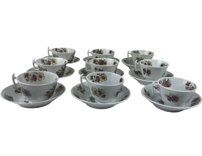 9 Antique Hand Painted Soft Paste Floral Porcelain Tea Cup Saucers Hand Colored - Image 1 of 4