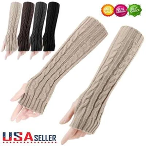 Womens Long Half Finger Fingerless Gloves Arm Hand Warmer Knitted Mittens Winter - Picture 1 of 16