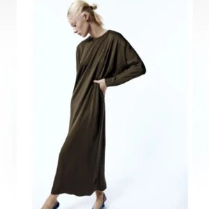 ZARA Long Sleeve Midi Shift Dress Bat Wing Sleeves in Khaki Green Size M - Picture 1 of 9