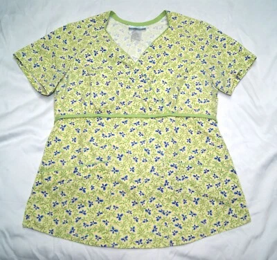 sb scrubs scrub top women's XS extra small green w/ butterfly print tie back - Image 1 of 4