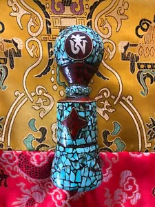 Antique Tibetan Buddhist Inlaid Blue/Red Turquoise Seal - Picture 1 of 10
