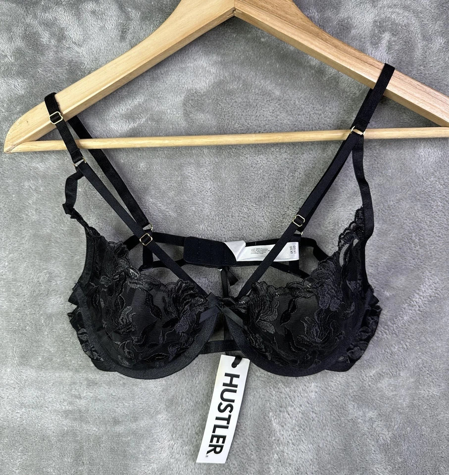 Hustler Lingerie Bra Women’s 32D Push Up Floral Embroidered Mesh Black New - Image 1 of 4
