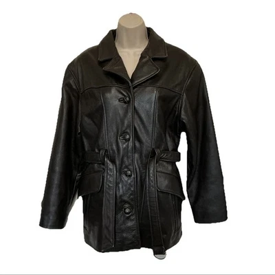 Vintage TW Tannery West Womens Med Black Lined Leather Belted Jacket Hipster Y2K - Image 1 of 4