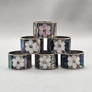 VTG Mexican Silver Abalone & Mother of Pearl Flower Inlay Napkin Ring Set of 6 - Picture 1 of 13