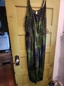 Swim By Cacique Cover Up One Piece Woven Scoop Jumpsuit Green Black Leaf 14 / 16 - Picture 1 of 14