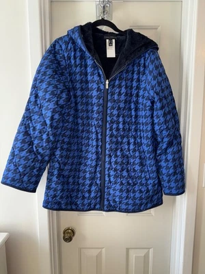 SUSAN GRAVE Reversible Quilted Woven & Plush Fleece Jacket NAVY HOUNDSTOOTH sz M - Image 1 of 2