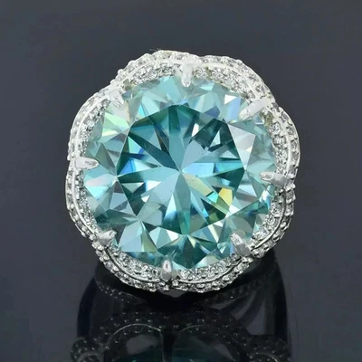 Anillo solitario de diamantes tratados azules corte redondo certificado 28,20 quilates plata 925 RARO Foto 1 de 4