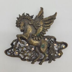 Vintage Signed JJ Jonette Bronze Tone Rhinestones Pegasus Horse Stars Brooch Pin