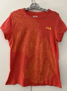 Fila Sport Shirt Womens Short Sleeve Top Orange With Yellow Design Size Lrg - Picture 1 of 5