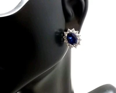 10k White Gold Oval Cut Lab Created Blue Sapphire & Diamond Earrings 3.3 Grams - Image 1 of 4